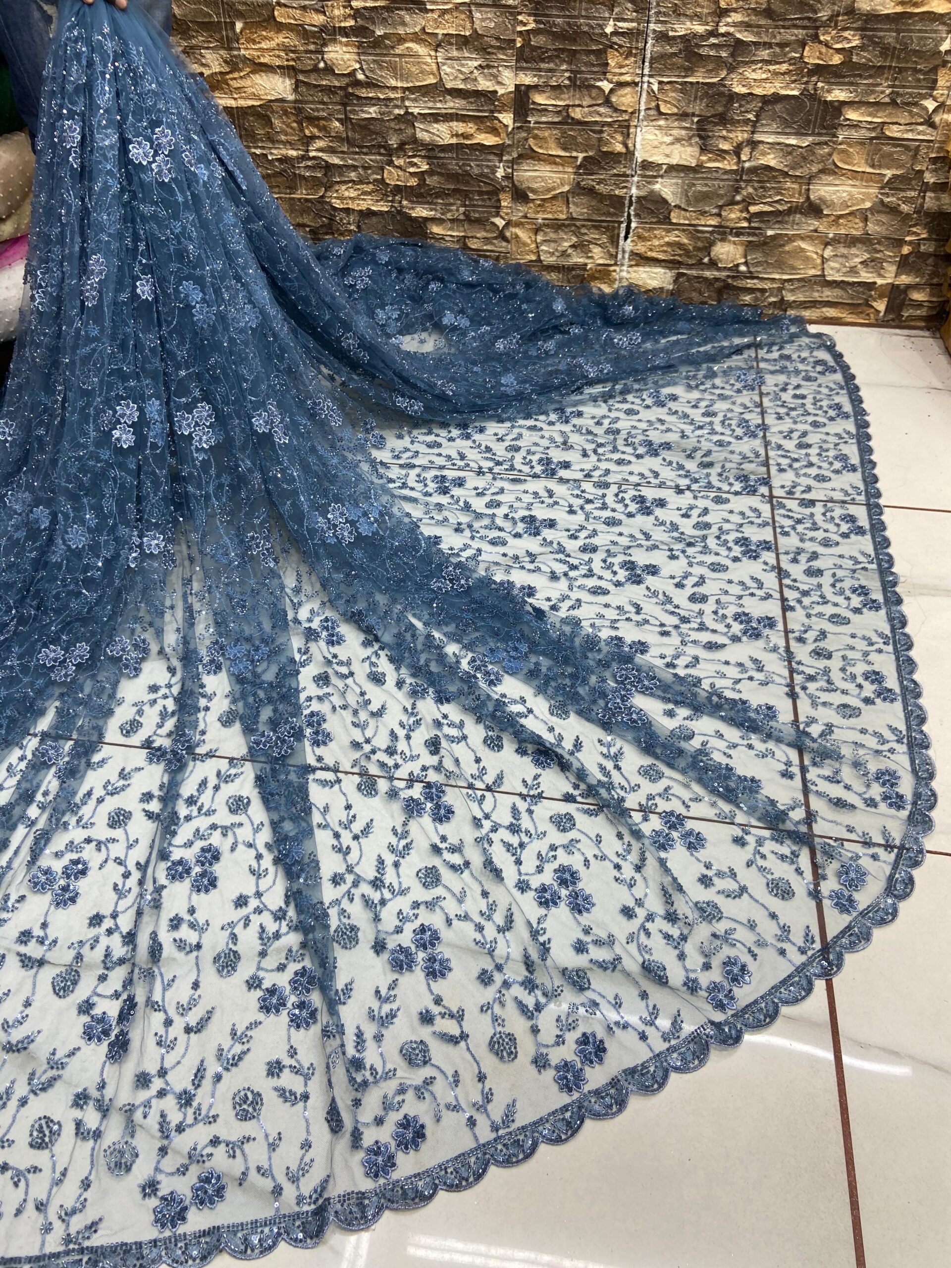 Blue color net embroidery designer fabric